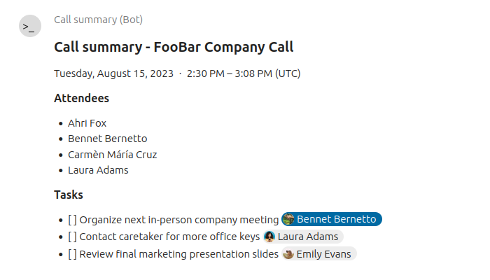 Screenshot showing a call summary chat message