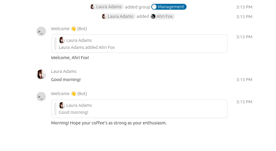Screenshot showing a welcome and hello response